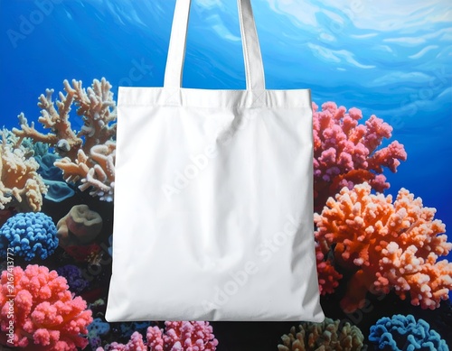 White reusable bag floating near bright coral reefs.