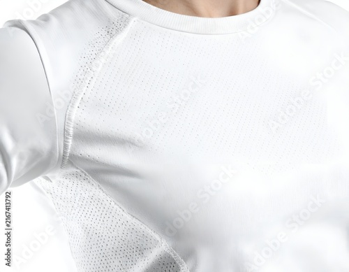 White raglan sleeve performance shirt shoulder detail.