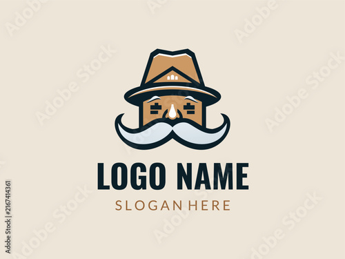 Vintage mustache gentleman logo with classic hat for barber brand