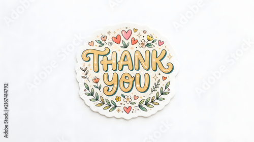 Stylized 'Thank You' round sticker featuring charming hand-drawn lettering and a vibrant design of flowers and hearts, ideal for appreciation messages