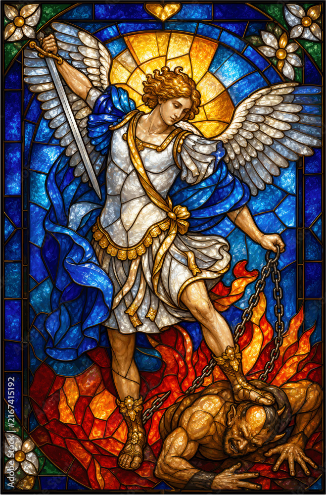 Obraz premium Saint Michael Archangel Defeating Satan Stained Glass Christian Catholic Sacred Religious Art
