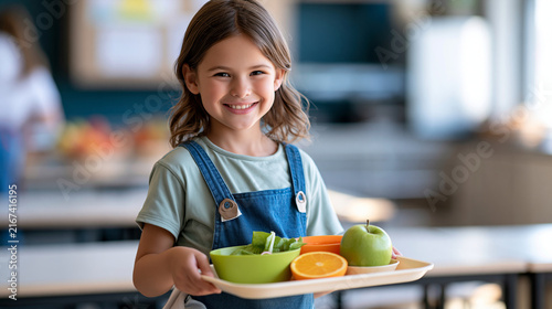 Smiling young schoolgirl holding a lunch tray in a bright cafeteria, happy childhood, healthy school meals, education lifestyle, with copy space