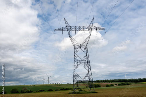 Eoliennes et lignes électriques dans un paysage rural