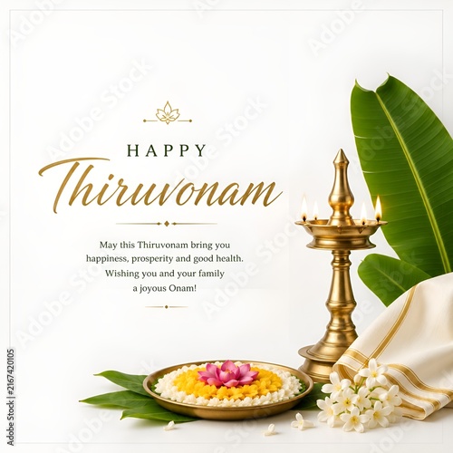 Happy thiruvonam greeting with traditional brass lamp and flower