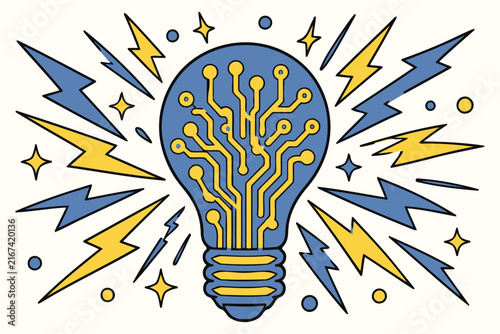Light bulb with digital circuit board and lightning bolts Vector
