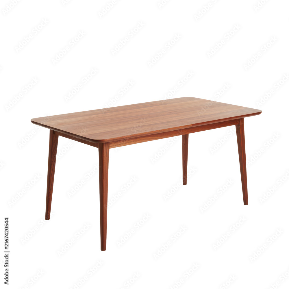Fototapeta premium A polished reddish-brown cherry wood dining table with a minimalist design, sleek tapered legs, and rounded edges, isolated on a transparent studio background for a sophisticated modern furniture