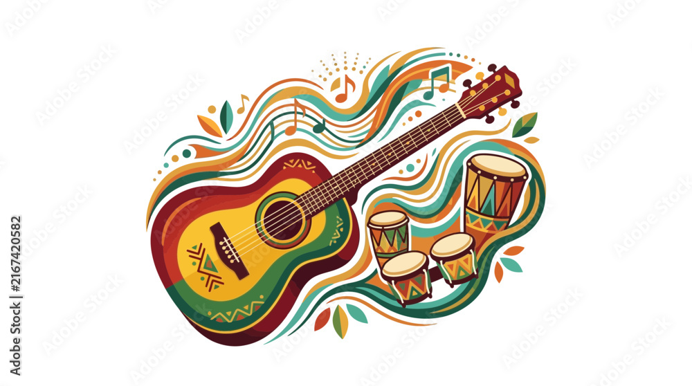 Fototapeta premium Colorful Musical Instruments Illustration with Tropical Aesthetic