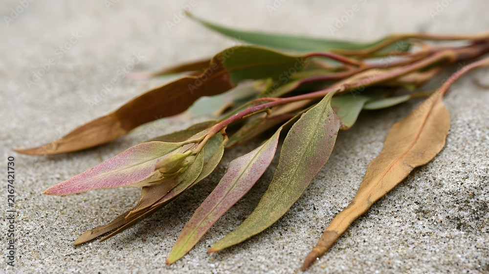 Fototapeta premium Dry eucalyptus leaves rest on textured sand showing natural color variation and subtle environmental detail