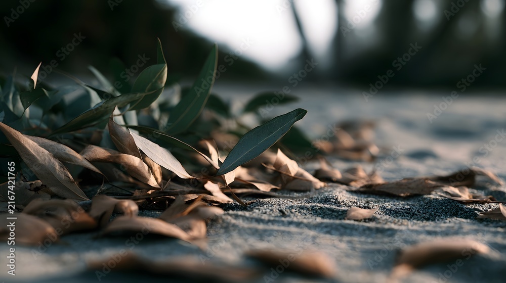 Fototapeta premium Dry eucalyptus leaves rest on textured sand under soft natural light creating a calm earthy organic scene with gentle shadows and muted tones