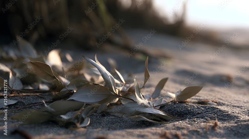Fototapeta premium Dry eucalyptus leaves rest on sandy ground under warm soft light creating a tranquil and textured natural scene
