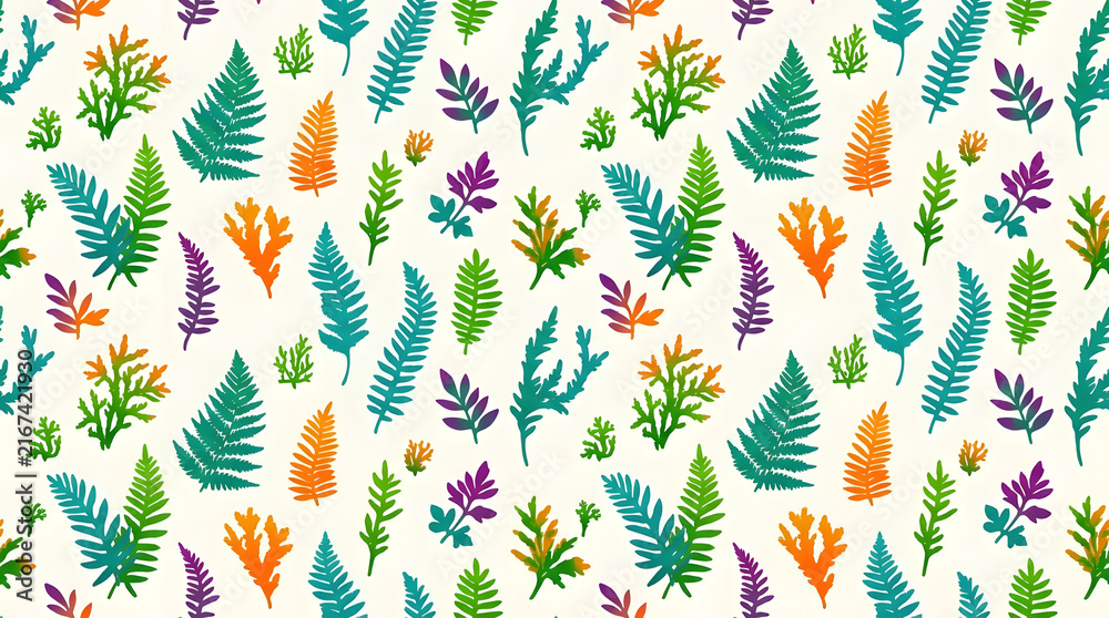 Colorful fern leaves and tropical foliage seamless pattern.