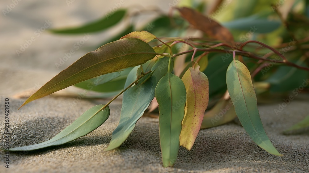Fototapeta premium Eucalyptus leaves rest on textured sand with soft natural lighting highlighting their varied green and yellow hues