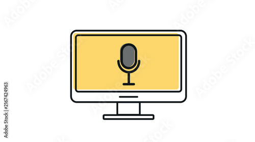 Desktop computer monitor with microphone symbol on screen vector icon. Black line art with offset fill style on white background.