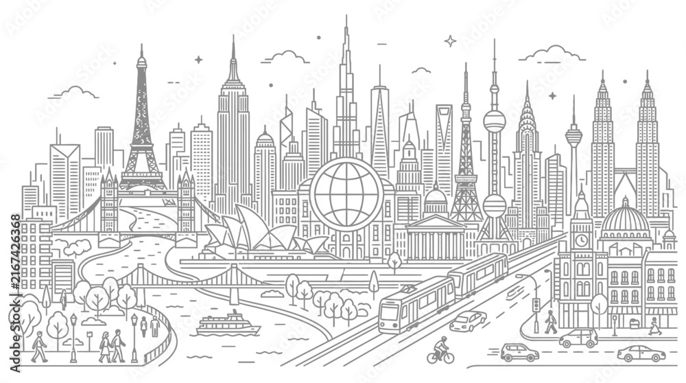 Obraz premium global city skyline illustration with world famous landmarks in detailed line art ideal for international travel and business.