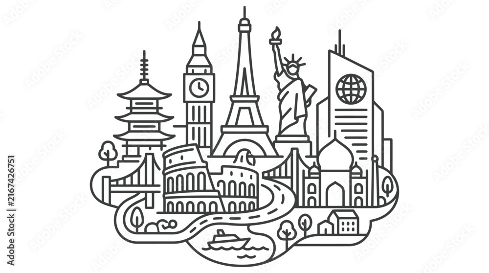 Fototapeta premium global travel world landmarks illustration depicting international tourism famous destinations and iconic architecture concept