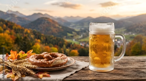 Glass Beer Mug and Salted Pretzel with Autumn Mountain Landscape View