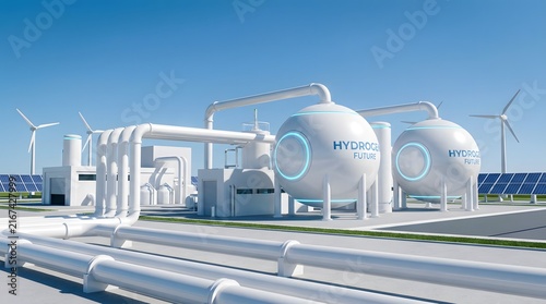 Modern hydrogen fuel plant with spherical storage tanks and wind turbines for green energy.