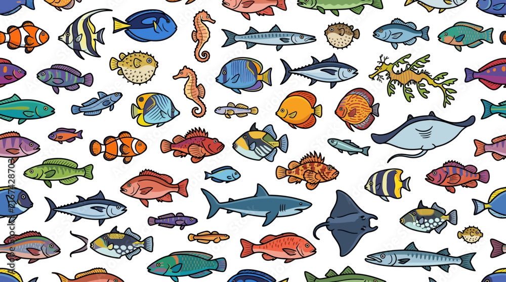 Obraz premium colorful cartoon fish and diverse marine life create a vibrant seamless ocean pattern ideal for aquatic graphic design.