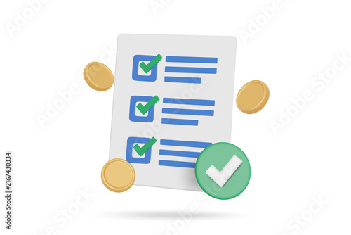3D checklist paper icon with green check marks and golden coins isolated on transparent background, business task management, approved financial audit survey, complete project success report concept