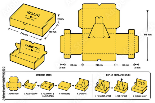 Cardboard box packaging template with pop up display design Vector