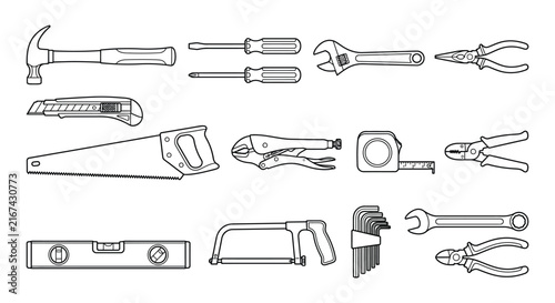Foto Collection of hand tools depicted as a black silhouette handyman