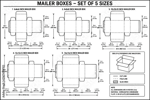 Technical drawing set of five cardboard mailer box templates Vector