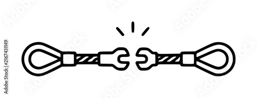 Принти на полотні Minimalist black and white vector icon illustration of a breakaway safety cable for trailers or industrial use, showing the moment of disconnection with a central gap and action lines for safety