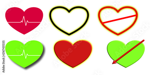 Six heart two with ecg lines, one solid red, two with diagonal lines, and one outline health medical