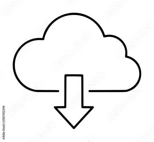 Fotografie Minimalist vector icon illustration featuring a clean black outline of a cloud with a downward pointing arrow, symbolizing data download, cloud storage, or environmental carbon sequestration