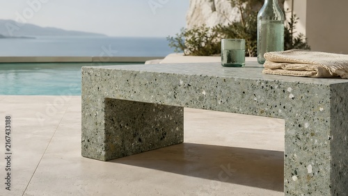 Green Terrazzo Outdoor Coffee Table by a Swimming Pool