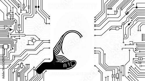 Abstract illustration of a human finger interacting with digital circuit board lines.