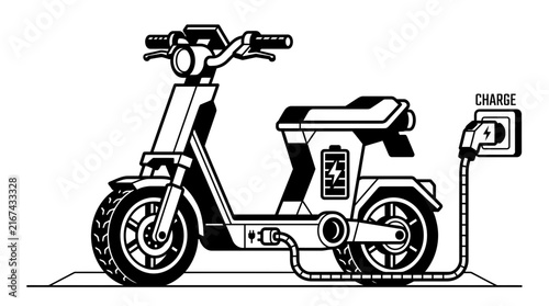 Black and white illustration of an electric scooter charging at a wall outlet.