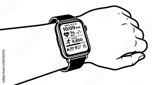 A black and white line art illustration of a person wearing a digital smartwatch on their wrist.