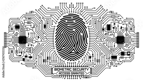 Digital fingerprint integrated into a complex electronic circuit board design for biometric security concept.
