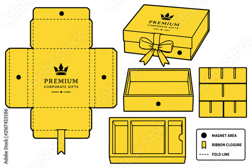 Yellow premium gift box packaging dieline template Vector