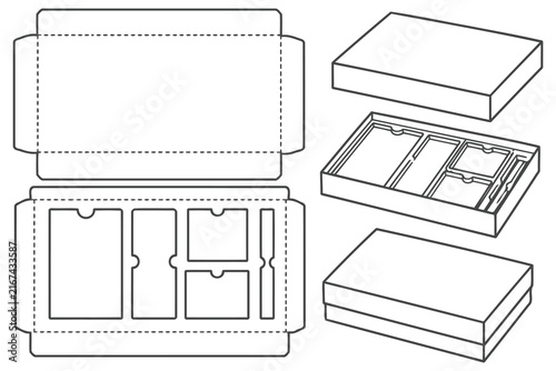 Cardboard box packaging die cut template with internal tray Vector