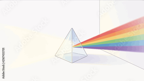 Minimalist 3D illustration of white light passing through a glass pyramid prism to create a vibrant rainbow