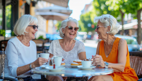 Three elderly women laughing and chatting at outdoor cafe