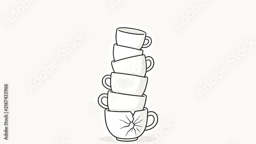 Tall stack of white ceramic cups with one cracked at bottom, minimalist black line art on plain background