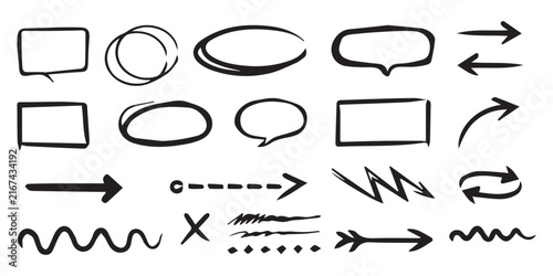 Line arrow brush doodle set. Hand drawn line arrow brush underline marker check pen highlight texture. Crayon chalk scribble circle curve star wave squiggle grunge background. Vector illustration