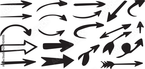 Collection arrow bold brush up drawn curved arrows. Hand drawn vector brush strokes grunge arrow paint brush strokes . 