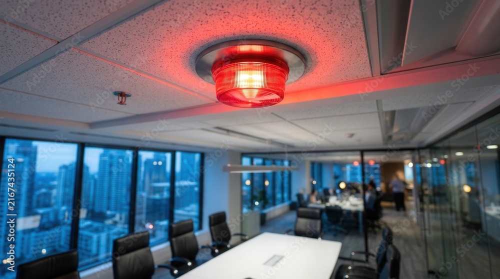 Obraz premium Office meeting space with contemporary conference room interior, ergonomic chairs, and glass walls during a red emergency light flashing event
