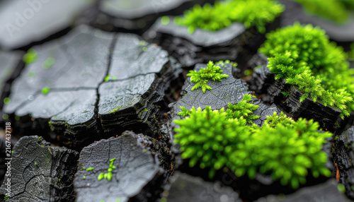 Firefly abstract nature macro photography focusing on moss and slate texture