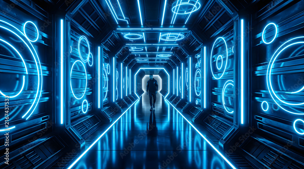 Naklejka premium Spaceship tunnel with circular blue light interfaces.