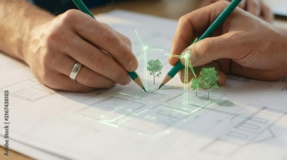 Naklejka premium Hands planning sustainable architecture with green energy icons