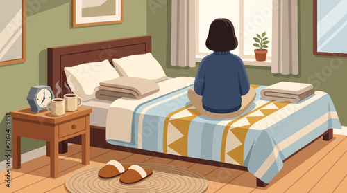 Woman sitting on bed during morning light with mugs and plant for breakfast concept