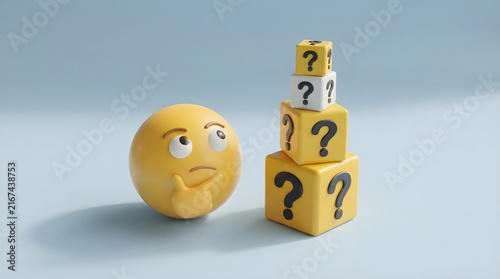 Thoughtful emoji with question mark cubes on blue background