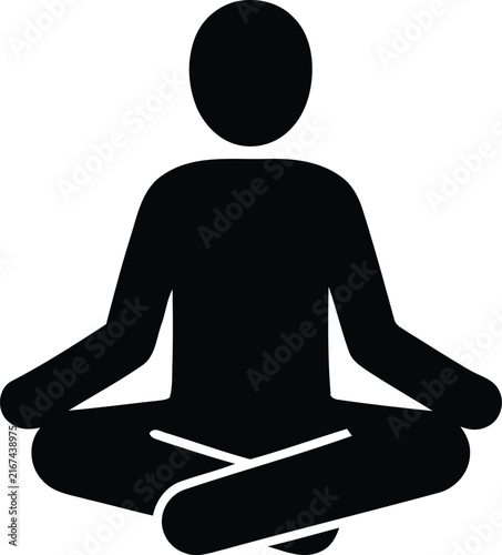 A minimalist black graphic icon showing a person sitting in a lotus meditation pose as a simple silhouette