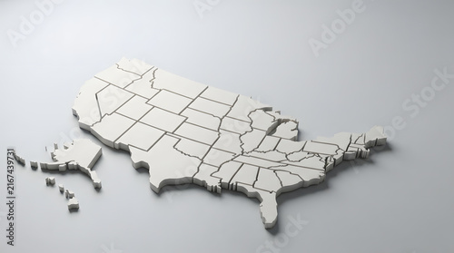 3D map of the United States with state boundaries on white background