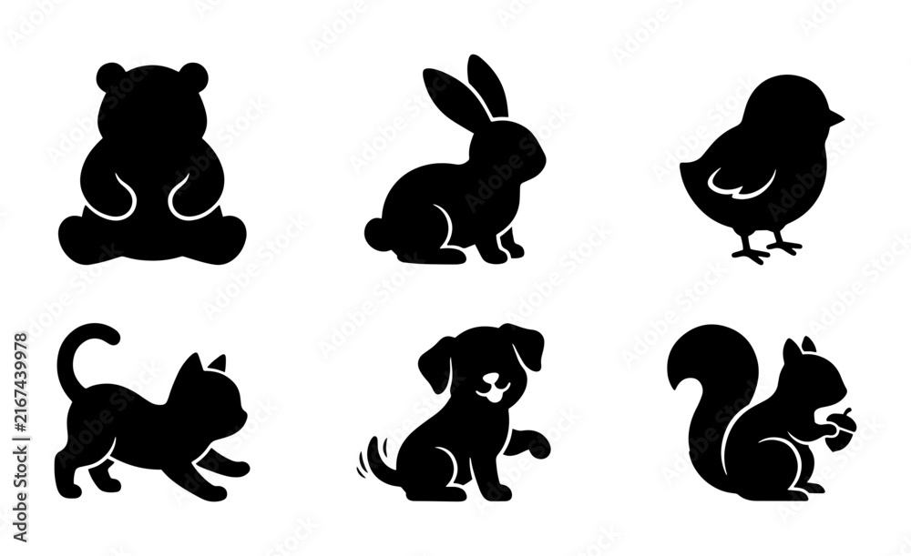 Obraz premium 70 Adorable Animal Silhouettes: Cute Teddy Bear, Bunny, Chick, Cat, Dog, Squirrel Icons for Children's Designs, Pet Branding, Wildlife Graphics 100